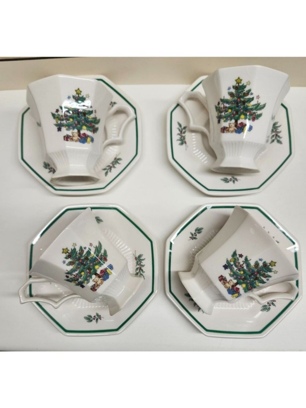 Octagon Shape Christmas Mugs & Saucer Sets Nikko Christmastime Japan Ceramic